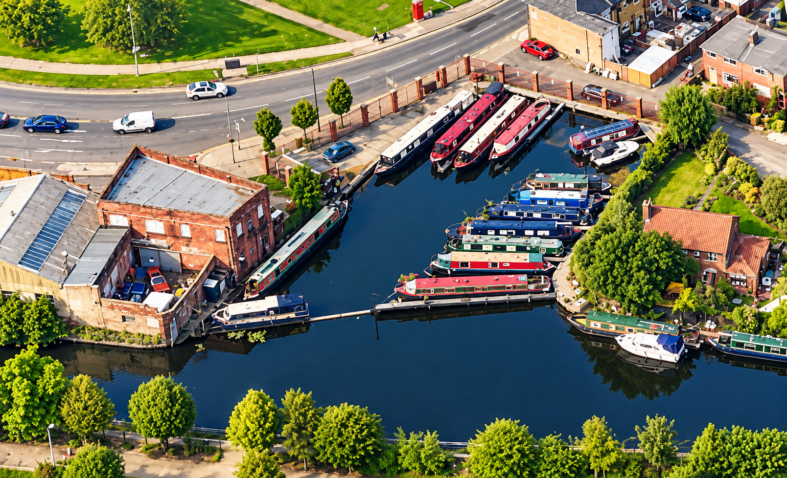 Aerial view of club moorings at Butts Basin, Leigh